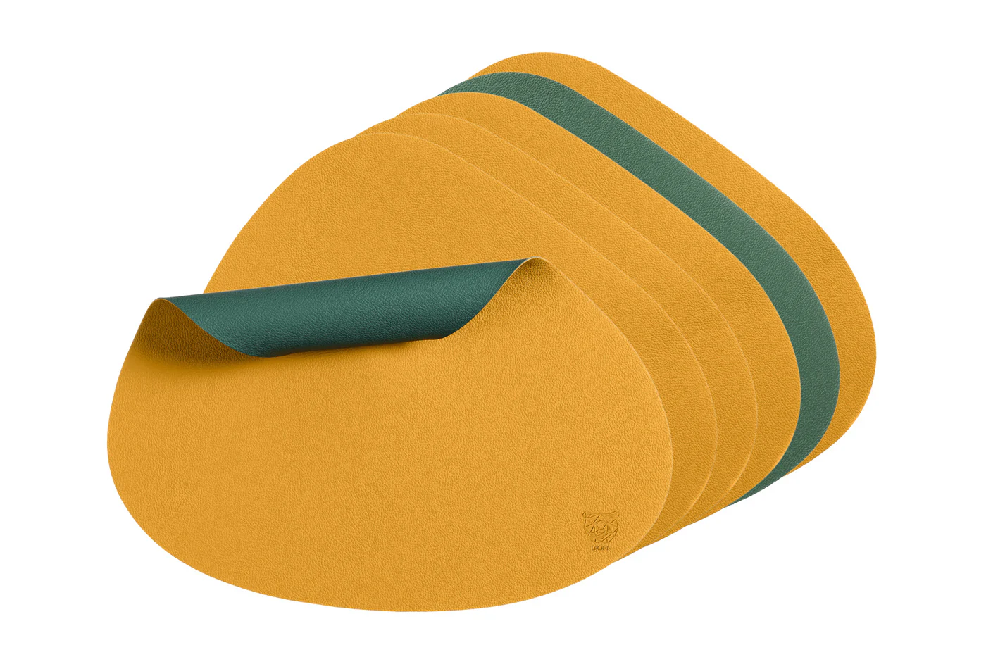Set de table curve réversible - 6 pièces - Cuir recyclé jaune moutarde et vert sapin - Image 6