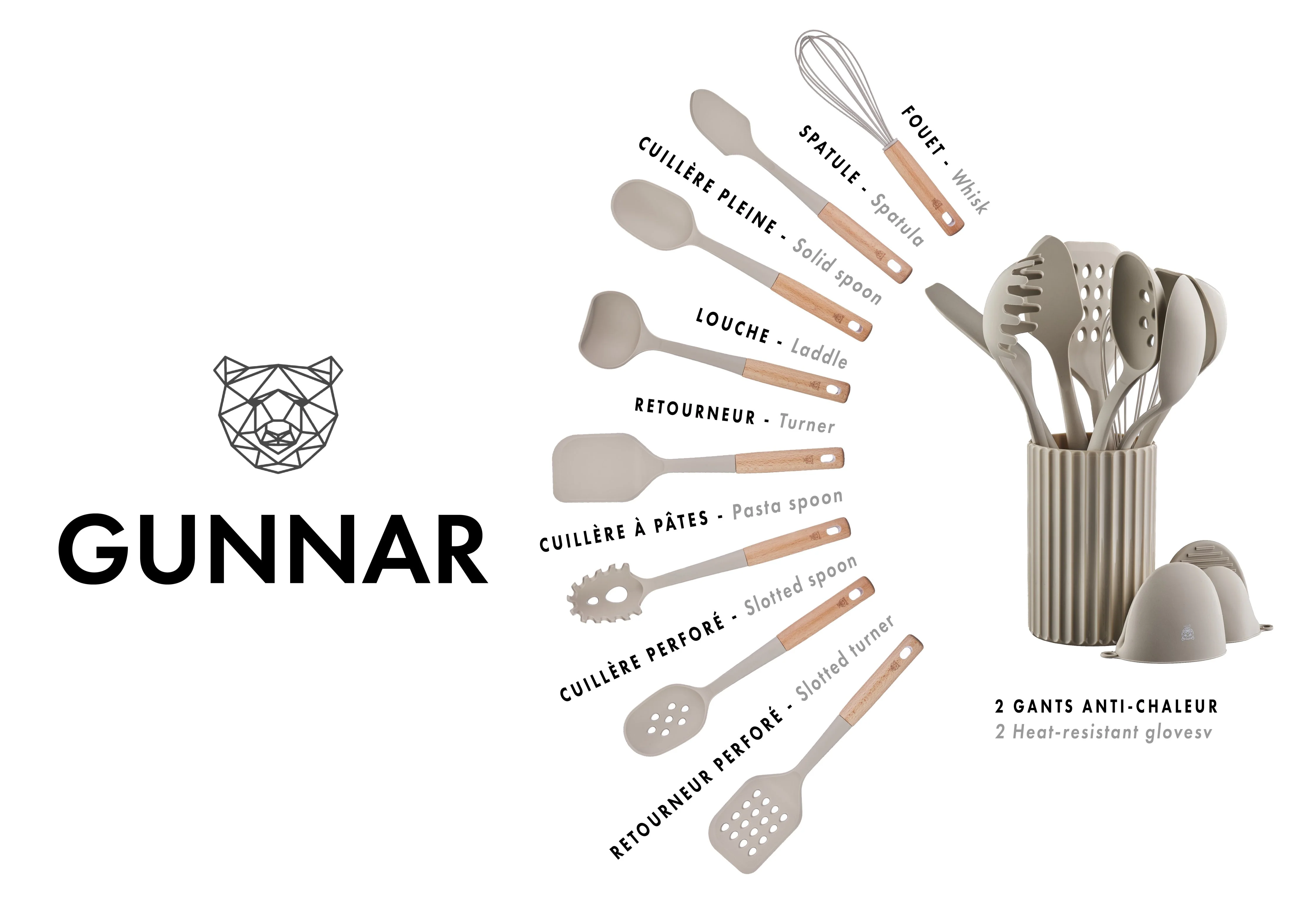 Set d'ustensiles de cuisine en bois et silicone GUNNAR - 11 pièces - Image 3